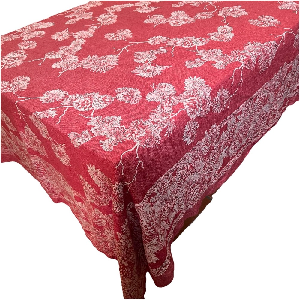 Williams Sonoma Vtg Tablecloth Red Pinecones Jacquard Damask Cotton Linen 70x126